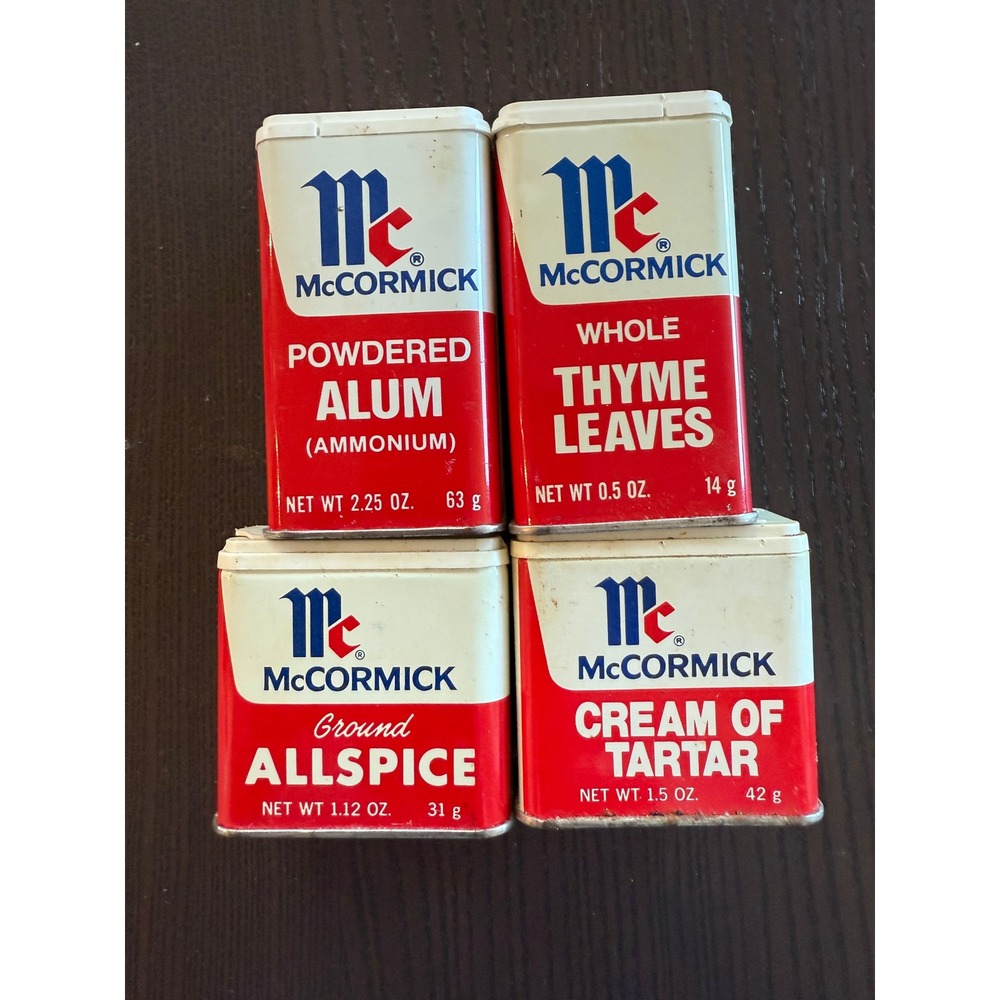 Vintage McCormick Spice Tins Alum Thyme Allspice Cream of‎ Tartar Red & White